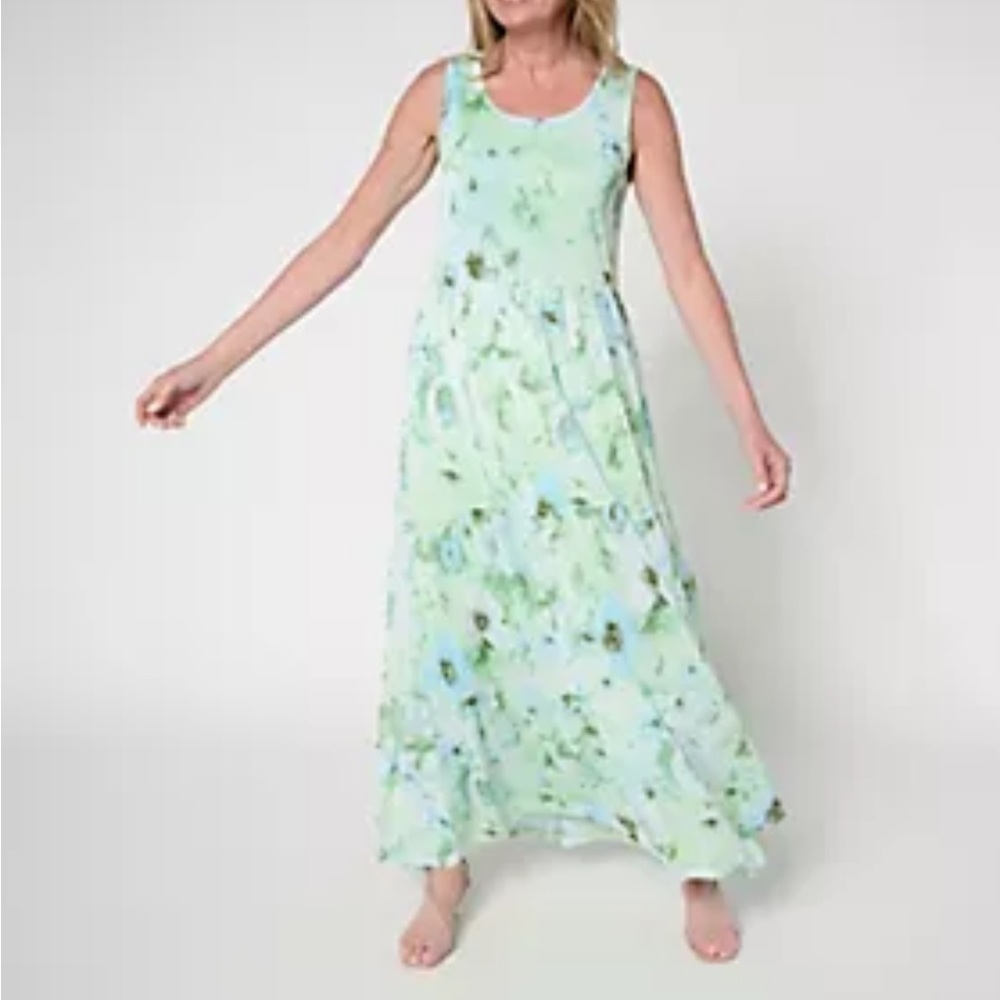 Susan Graver Floral Printed Mesh Tiered Maxi Dress 2X petite